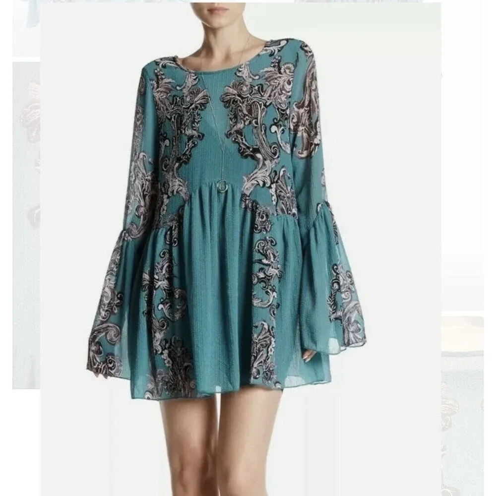 Intimately Free People Slip Dress SMALL Symphony Jade Combo Printed Bell Sleeve